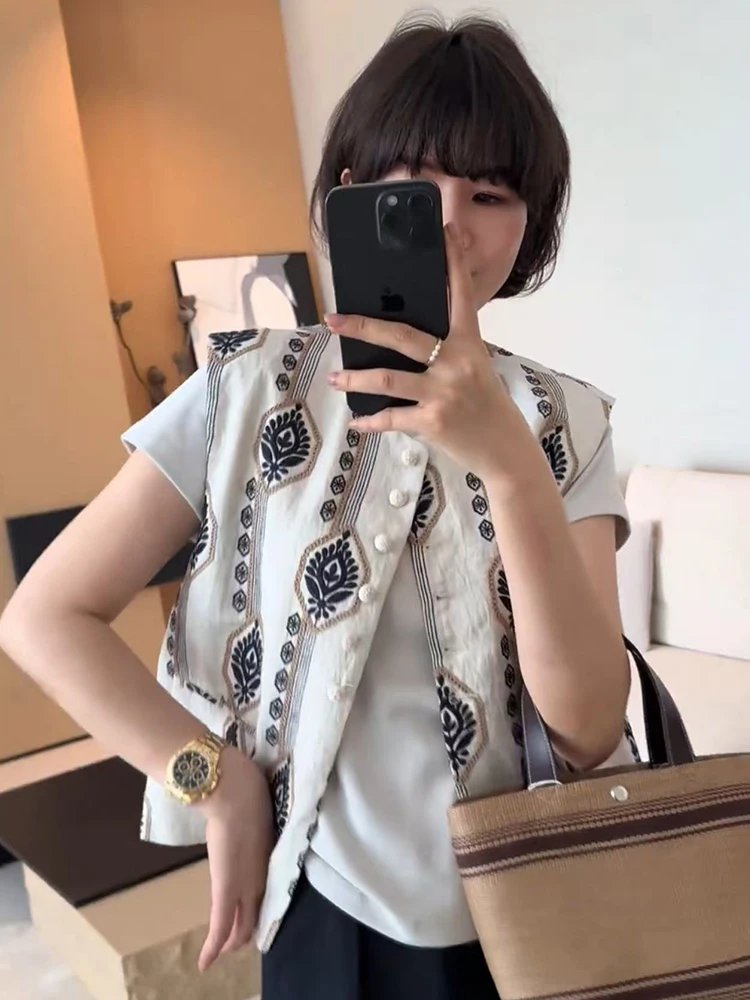 

New Summer Chinese Sle Loose Cotton Linen Embroidered Vest Women's Faionable Layering Top Button round Ne Casual irt