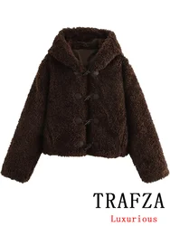 TRAFZA Vintage Casual Chic Women Fur Jackets Solid Single Breasted Hooded Loose Coats New Fashion 2024 Autumn Winter Outwears