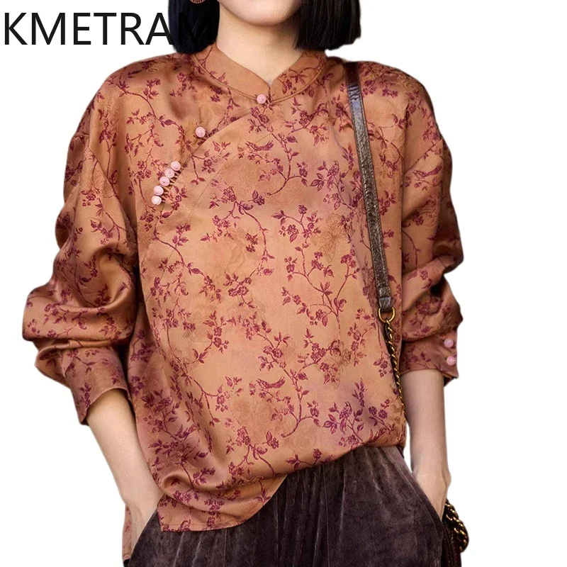 KMETRAM 100% Mulberry Silk Shirt for Women New Chinese Style Spring Tops Elegant Floral Blouse Woman Clothes 2026 женская одежда