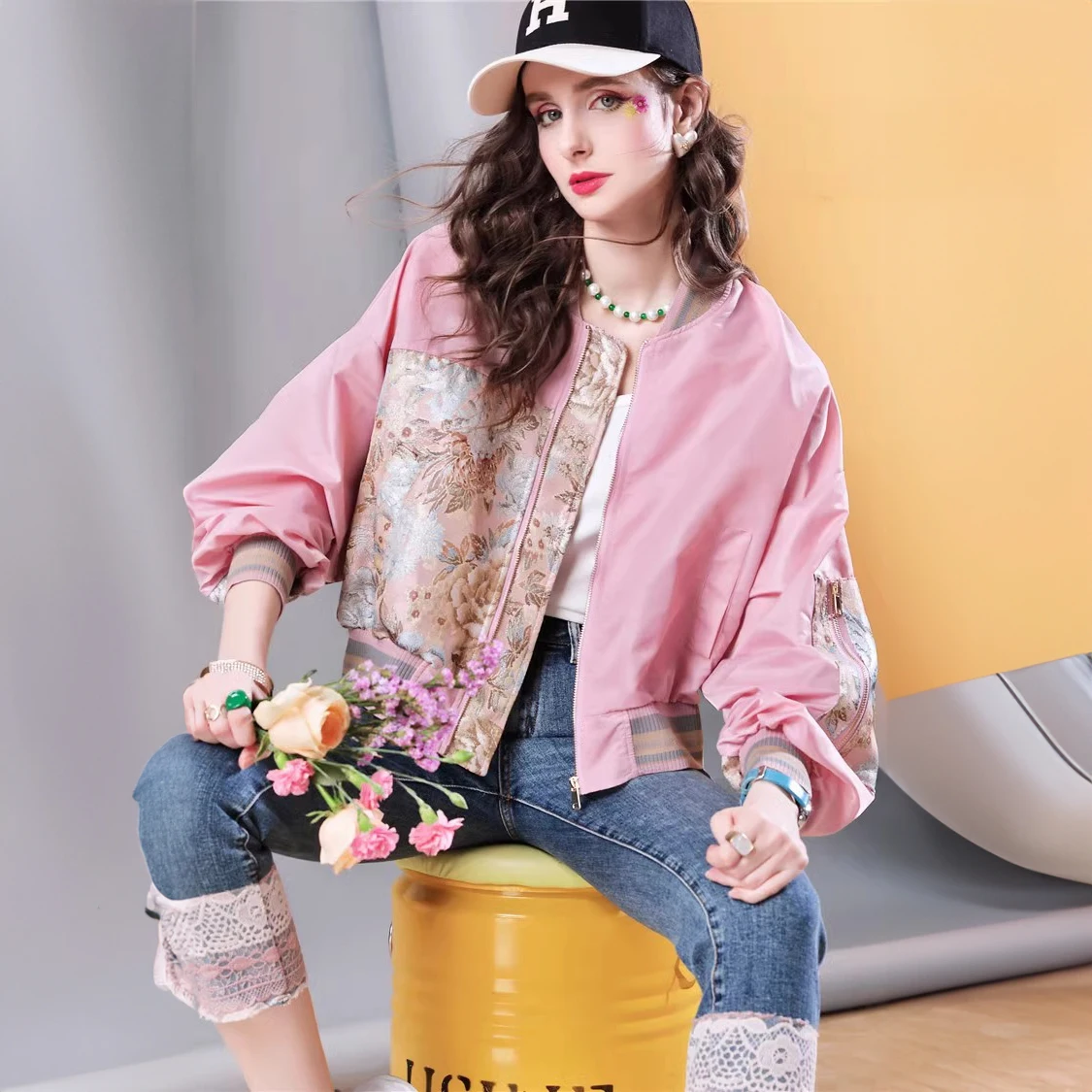 

Spring and Autumn Pink Embroidered Women's Coat Loose plus size Long Sleeve Collar Jacket Top for women