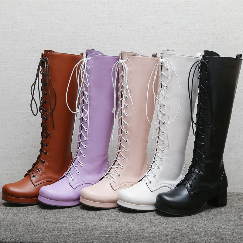 Woman Lovely Sweet Lace Up Purple Pink White Fashion Women\'s High Knee Boots Winter Shoes Lolita Shoes Girls Boots Large Size 48