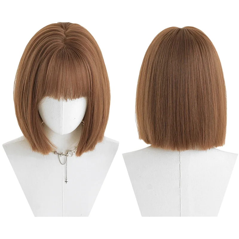 

Natural Seamless Brown Bob Wig with Bangs for Women Short Straight Hair Easy Care Daily Use Heat Resistant Synthetic Full Wig
