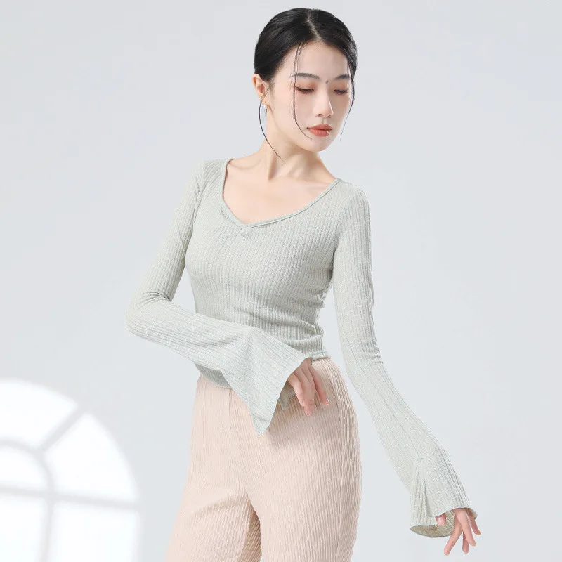 Modern Dance Style Ballet Style Design Sense Flare Sleeves Slim Fit Short Dance Long Sleeve Body Training Daily Top