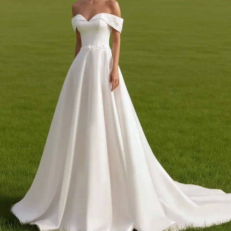

Modern Wedding Dress Customized Off The Shoulder V Neck Flowers A Line Satin vestido de noiva com mangga Elegan Customized