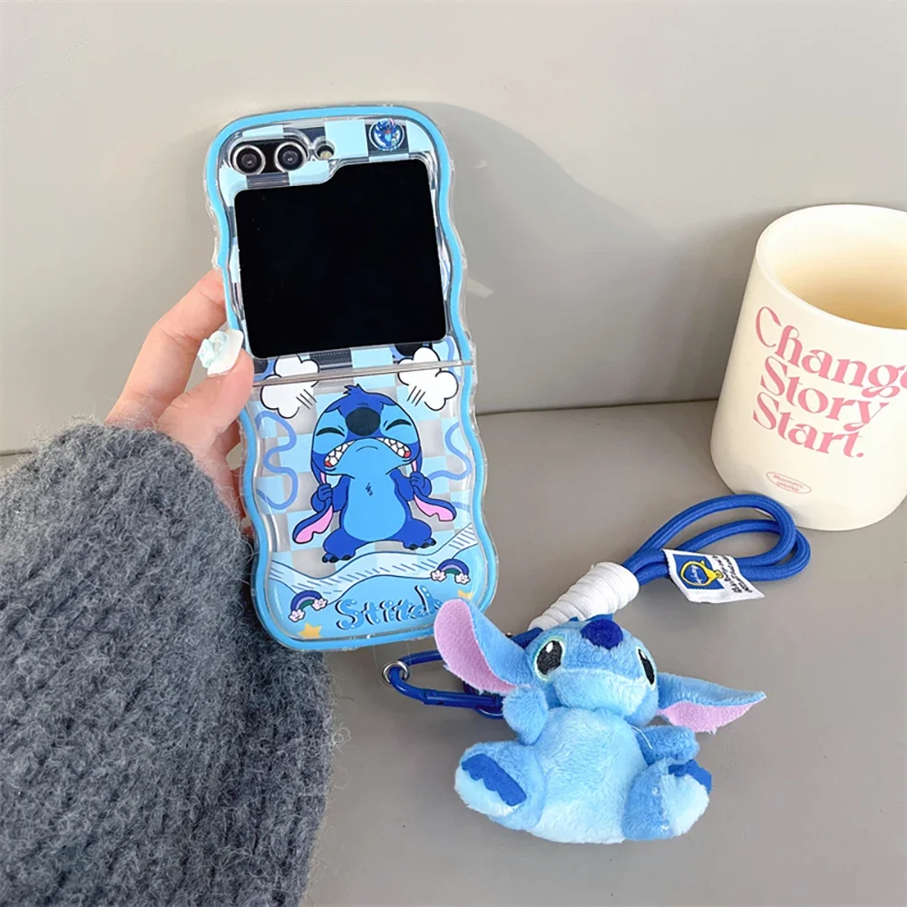 Disney Stitch Angel with Lanyard Doll Phone Case for Samsung Galaxy Z Flip 3 4 5 5G PC Hard Anti-drop Back Cover Funda