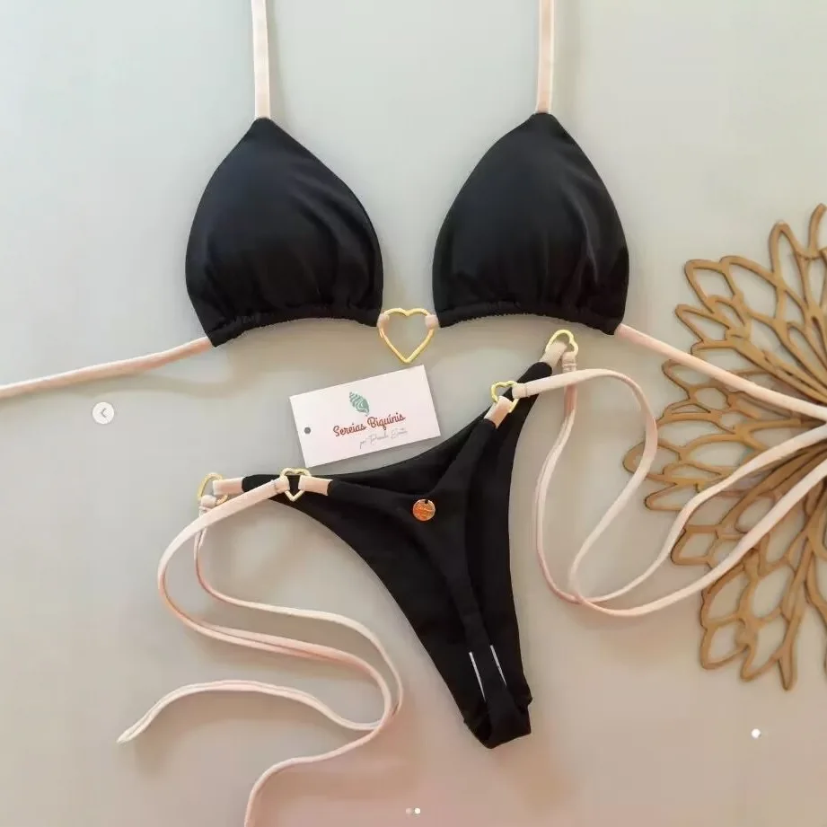 2025 novo europeu e americano amor pescoço reunindo biquíni brasileiro sexy fivela de metal cor sólida dividir maiô transfronteiriço