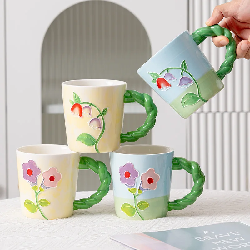 

Hand Painted High Value Bell Orchid Mug Family Breakfast Coffee Cup Large Capacity Tulip Relief Ceramic