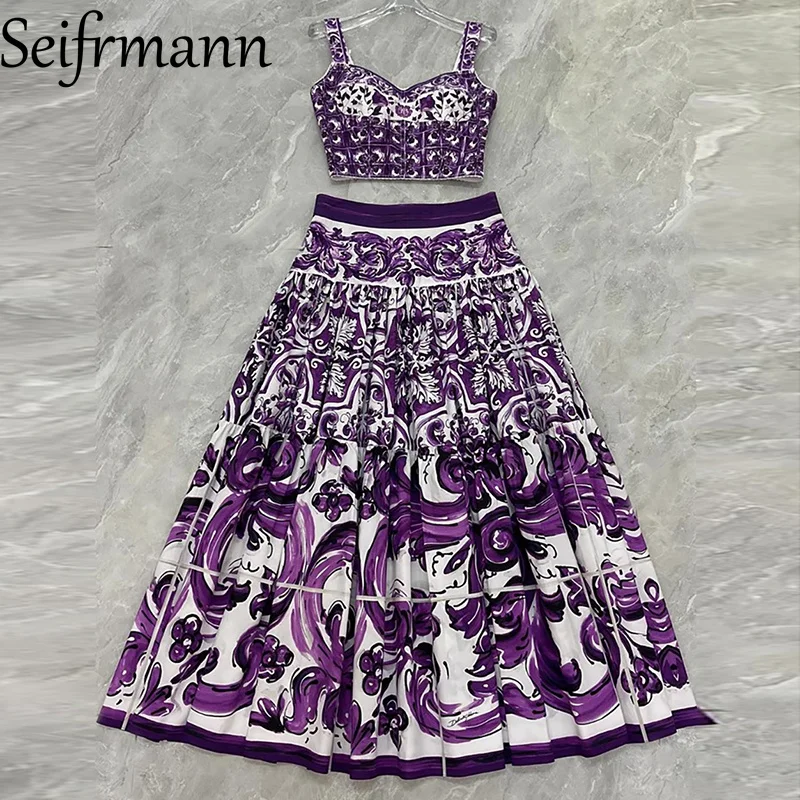 

SeifrmannTwo-piece set with purple ceramic glaze print, medium-long length cotton midi skirt, versatile, with a summer light lu