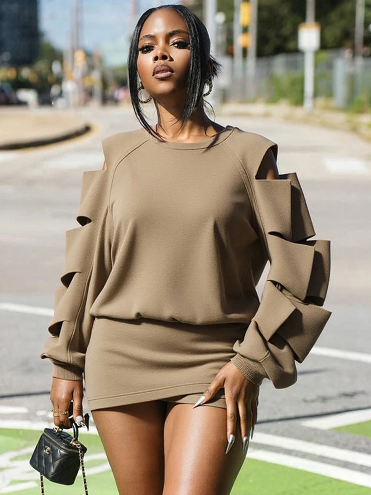 Women's Autumn Winter Two Piece Set 2025 Hollow Out Holes Long Sleeve Pullover Tops And Bandage Skirt Suit Casual Streetwear Set