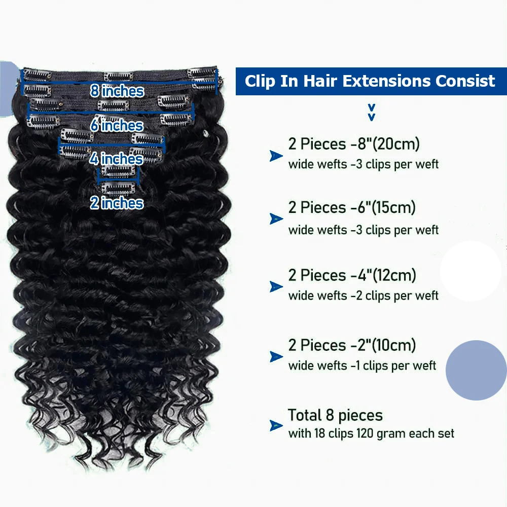 Onda profunda clipes sem emenda em extensões de cabelo humano brasileiro encaracolado grampo de cabelo na extensão cabeça cheia 120 g/set remy cabelo para mulher