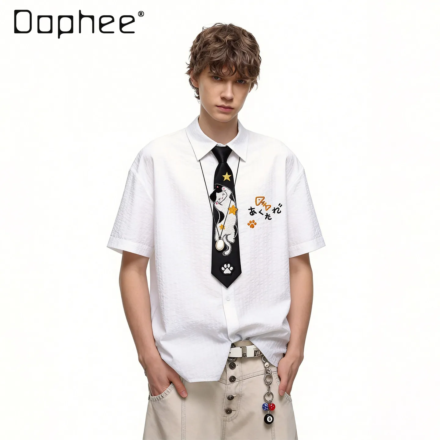 2026 Summer New American Casual Style Men Blue White Cute Cartoon Cat Flocking Embroidery Lapel Short Sleeve Shirt