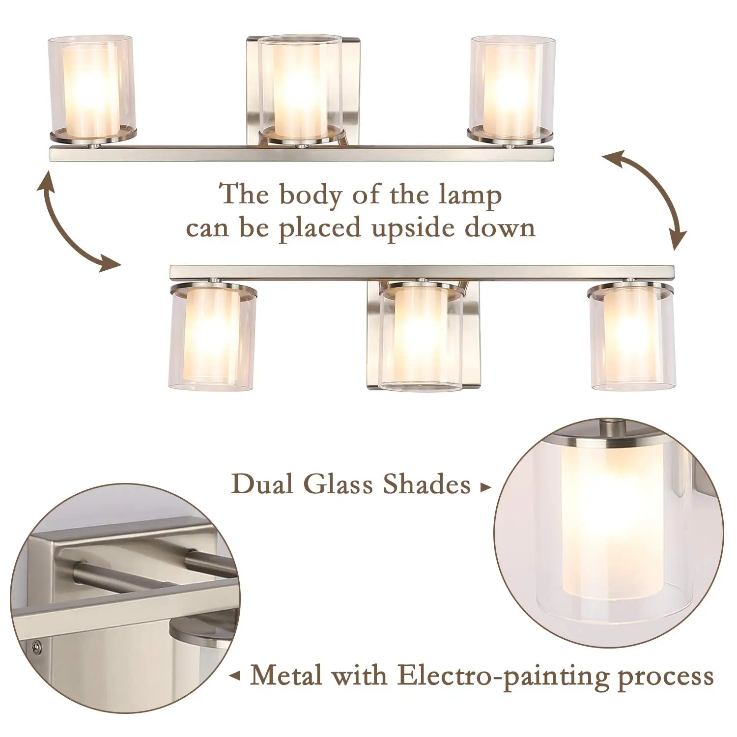 18in 3-Light Nickel Bathroom Vanity Light Fixture over Mirror with Clear Glass Shade G9 Socket, Wall Light for Bathroom Mirror