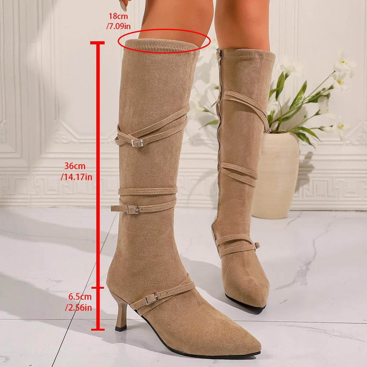 Belt Buckle High Heels Long Boots Women 2025 Autumn Faux Suede Pointed Toe Knee High Boots Woman Side Zipper Thin Heeled Botas