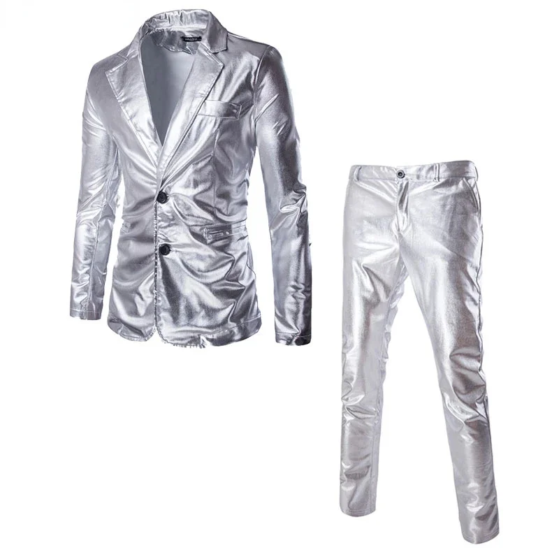 Shiny Mens Metallic Silver Nightclub (Jacket+Pants) Slim Two Buttons Stage Suit Blazer For Singers Dancers Costume Homme