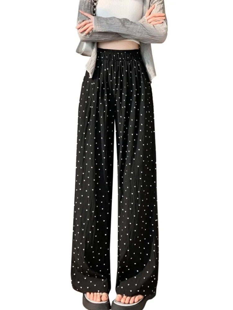 2025 Polka Dot Baumwolle Leinen Breite Bein Hosen frauen Sommer Dünne Elastische Taille Lose Beiläufige Gerade Neun Punkte Hosen wh10