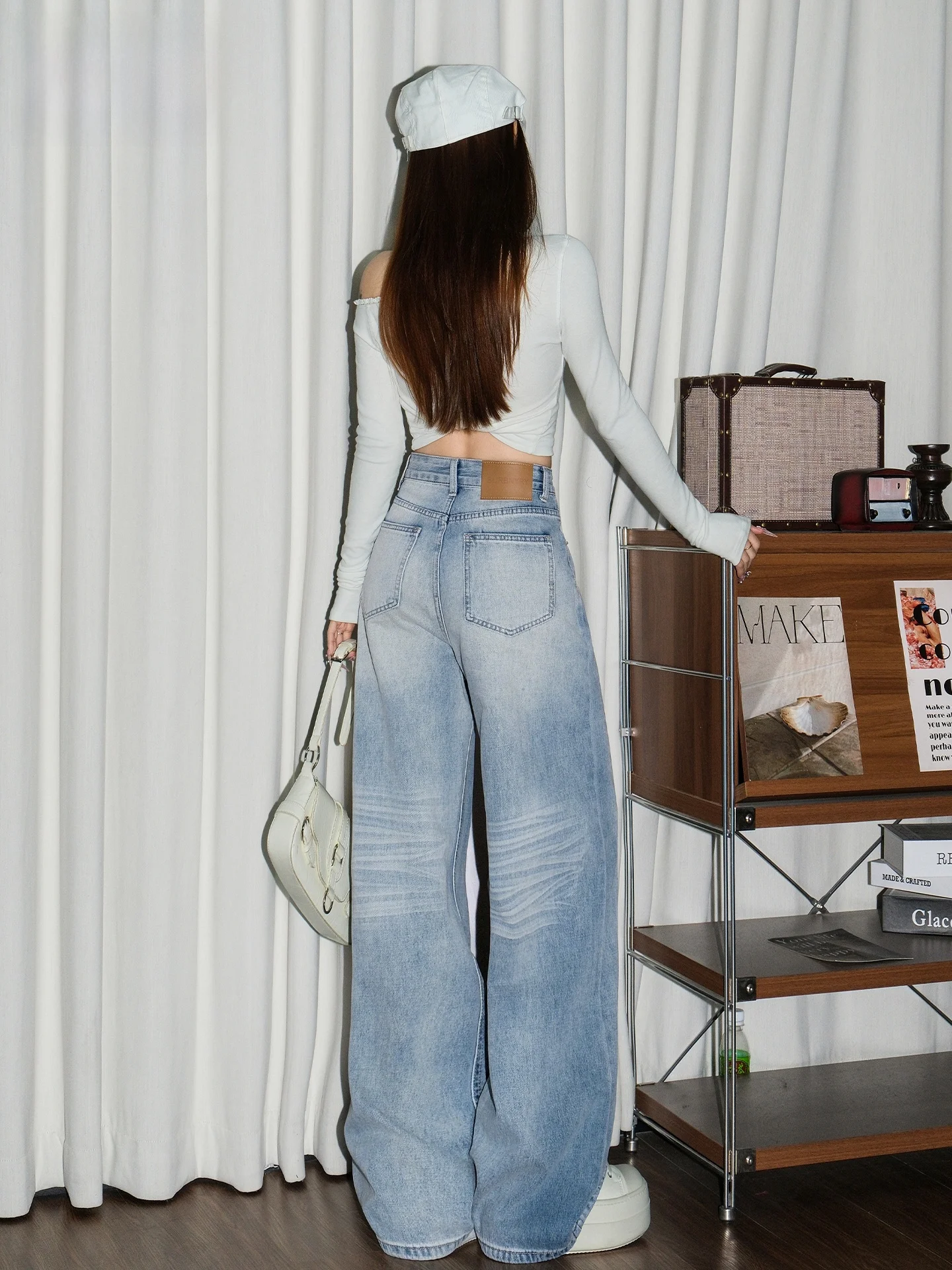 

Light Blue American Style Straight Leg Wide Leg Jeans Women's Loose Slimming Summer Casual High Waist Denim Pants