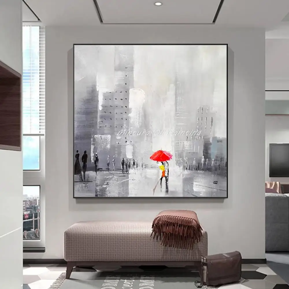 Mintura Handpainted Modern Oil Painting on Canva Wall Art,Picture for Living Room City Street And Pedestrians,Home Decor Artwork