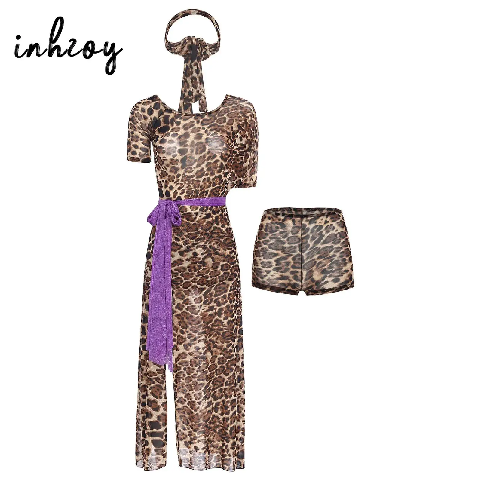 

Women Belly Dance Mesh Dress with Safety Shorts and Hip Scarfs Short Sleeve Side Split Leopard Print Maxi Dress Dance Outfits