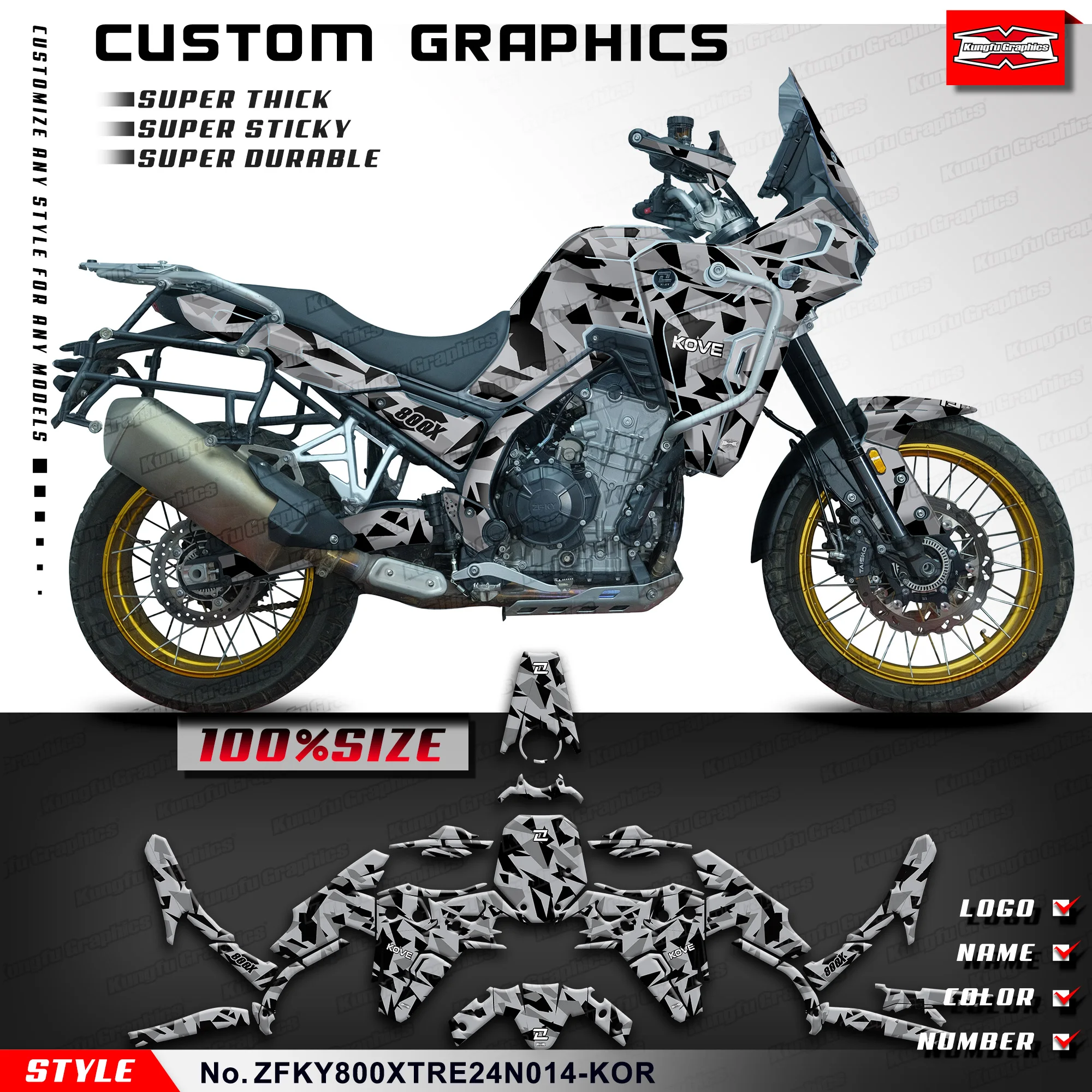 

KUNGFU GRAPHICS Adhesive Decals Wrap Sticker for KOVE 800X ZF800X PRO 800X Rally 800X Travel/Touring Edition, ZFKY800X23N014-KOR