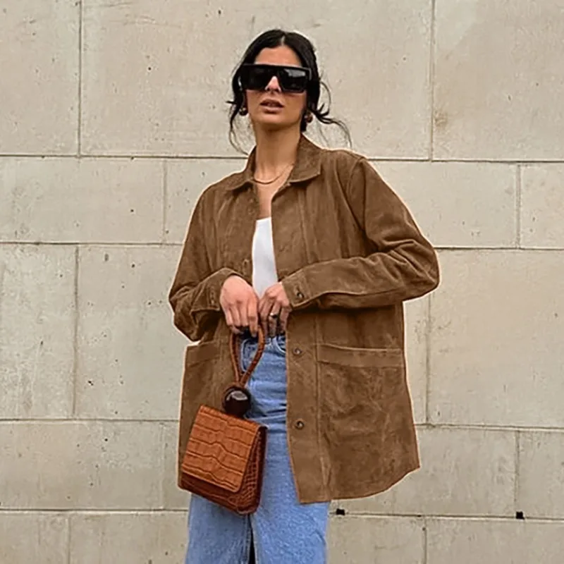 2026 neue Lange Ärmel Frühling Herbst Mäntel frauen Vintage Wildleder Einfarbig Übergroßen Revers Hemd Jacke