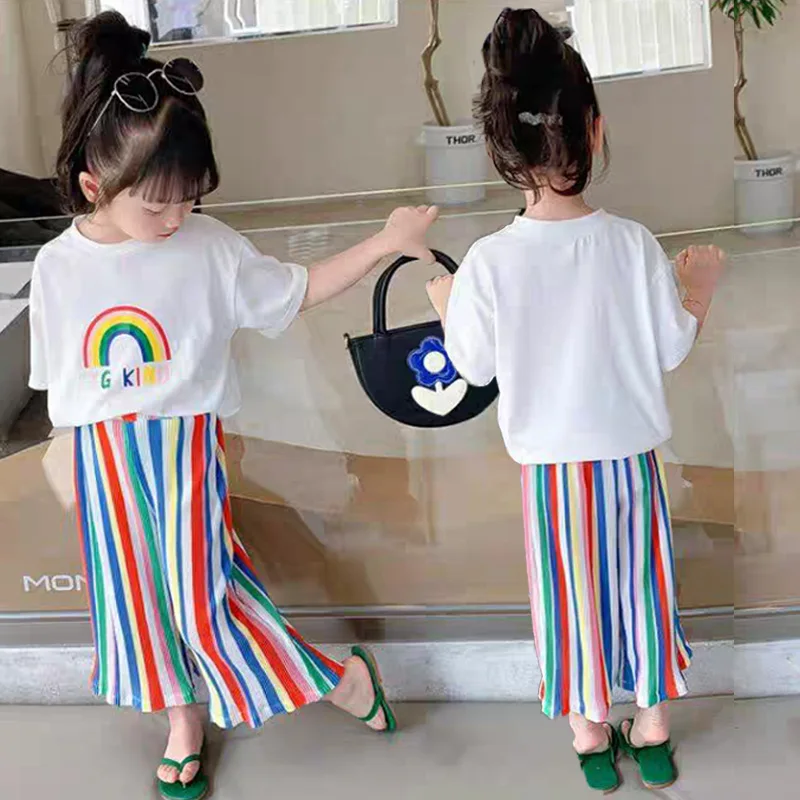 Girls Shorts-sleeve Sets Summer Kids Fashion T-Shirt+Striped Pants 2Pcs Toddler Casual Clothing Suits Children Print Outfits