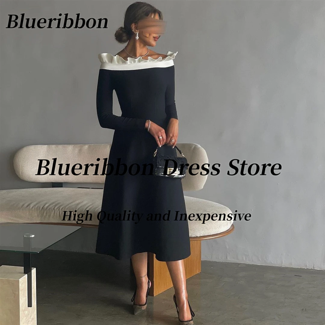 

Blueribbon Office Ladies Wear Black Dresses 2024 Bateau Neck Long Sleeves Prom Dress Tea Lenth Short Cocktail Party Evening Gown