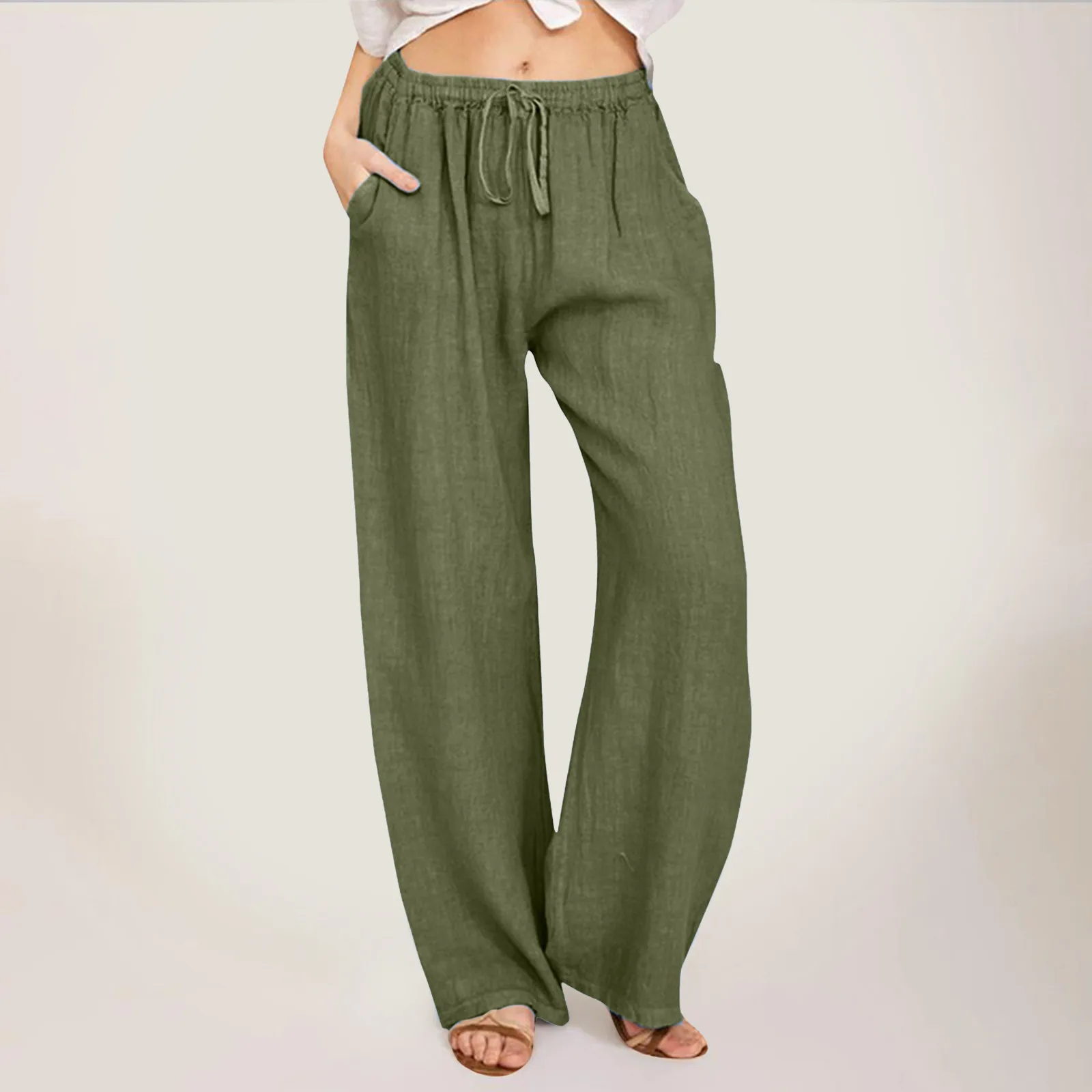 Summer Women Casual Long Pants Cotton Linen Blened Breathable Straight Wide Leg Trousers Outdoor Beach Draped Pant With Pockets