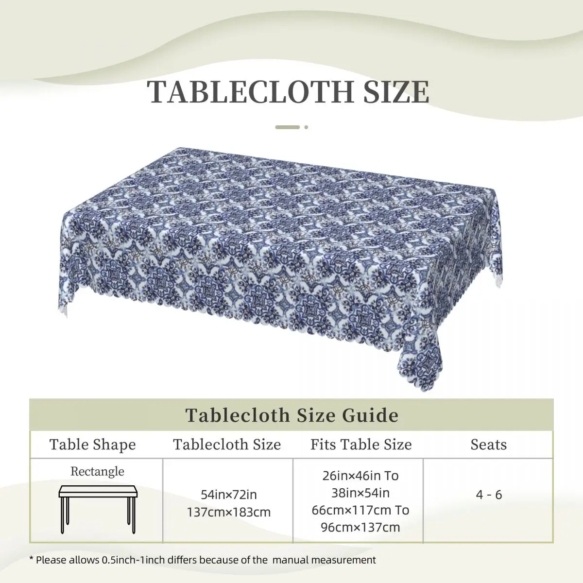 Blue Ornate Floral Mediterranean Sicilian Tile Tablecloth Restaurant Kitchen Rectangular Tablecloth Festival Dining Table Cover