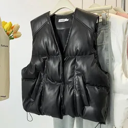 Fashionable Streetwear Black V-neck Leather Vest Jacket Autumn Spring Oversized Quilted Sleeveless Women PU Overcoat Outerwear