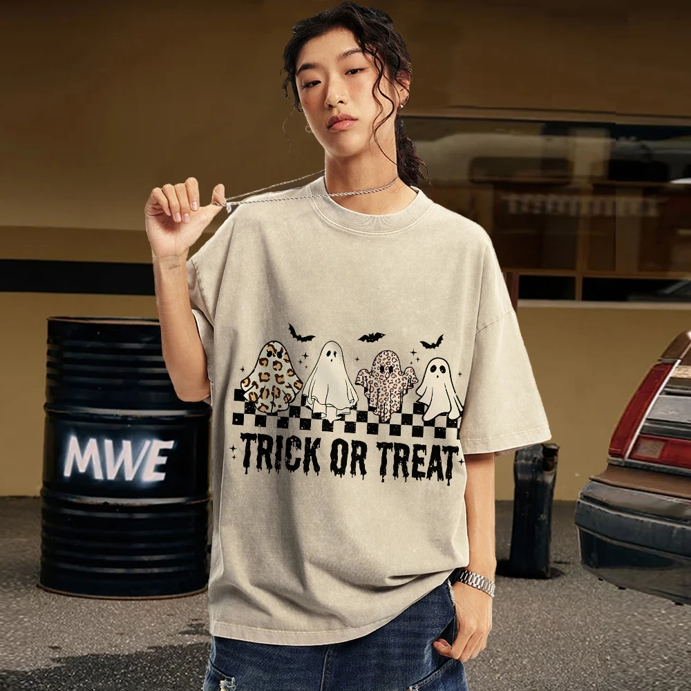 Halloween Short Sleeves TRICK OR TREAT Print Unisex Fit Washed T-Shirt Oversized Vintage Summer  Streetwear For Women and Men