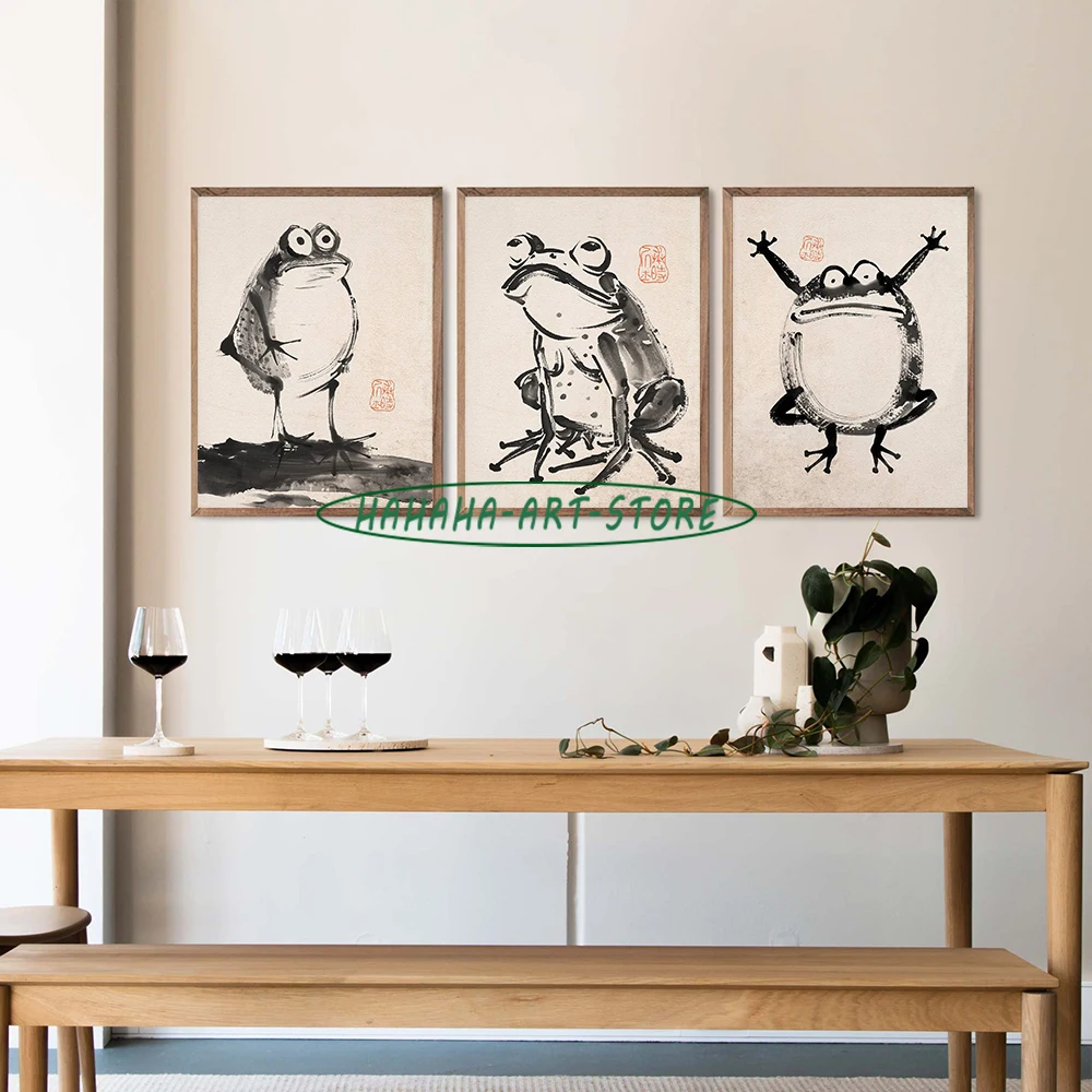 Cute Curious Fat Silly Frog Vintage Painting Poster Canvas Printing Ukiyo-e Frog Prints Japanese Frogs Home Room Aesthetic Decor