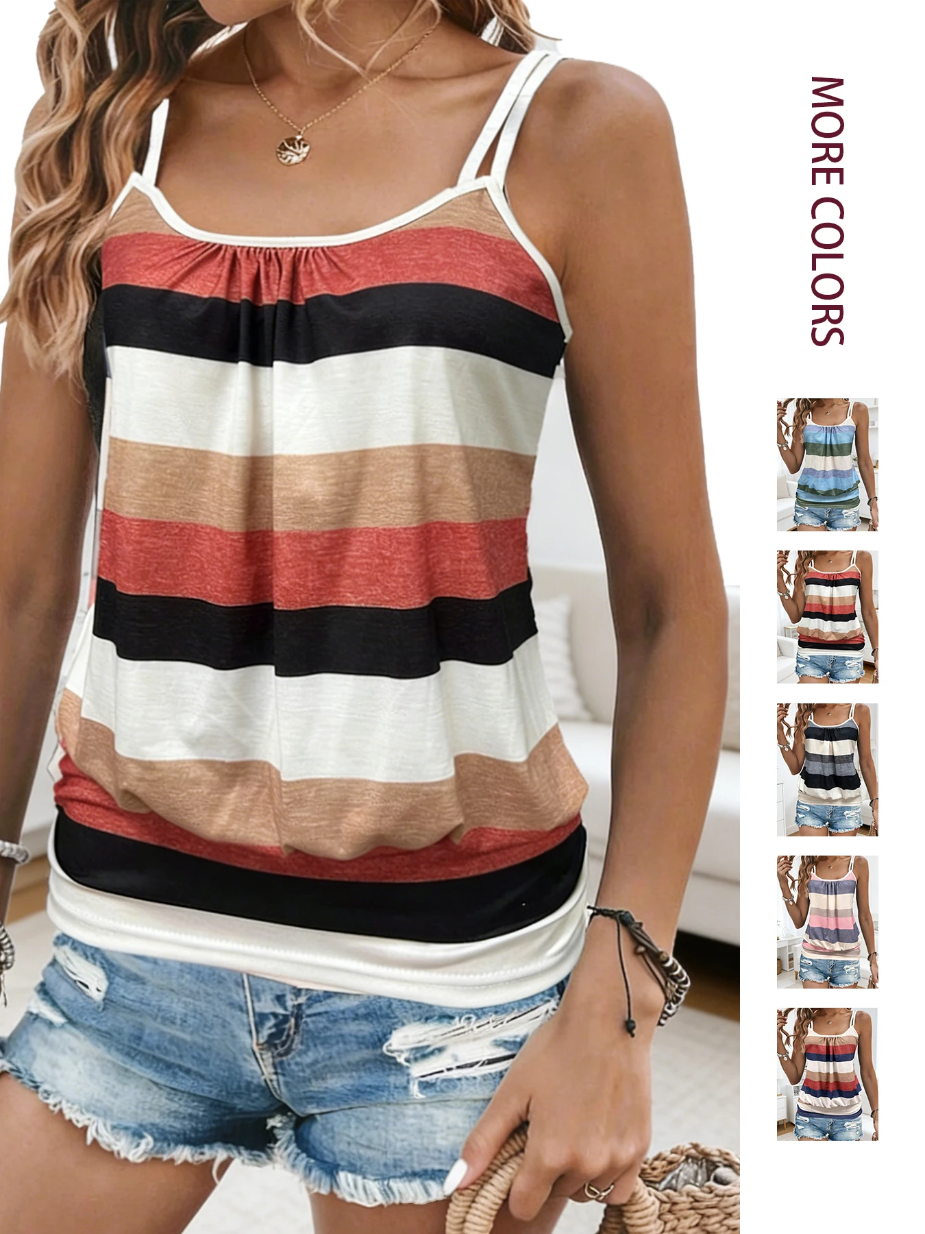 2026 Summer New European and American Women's Clothing Striped Pleated Slimming Contrast Color Double Strap Tank Top