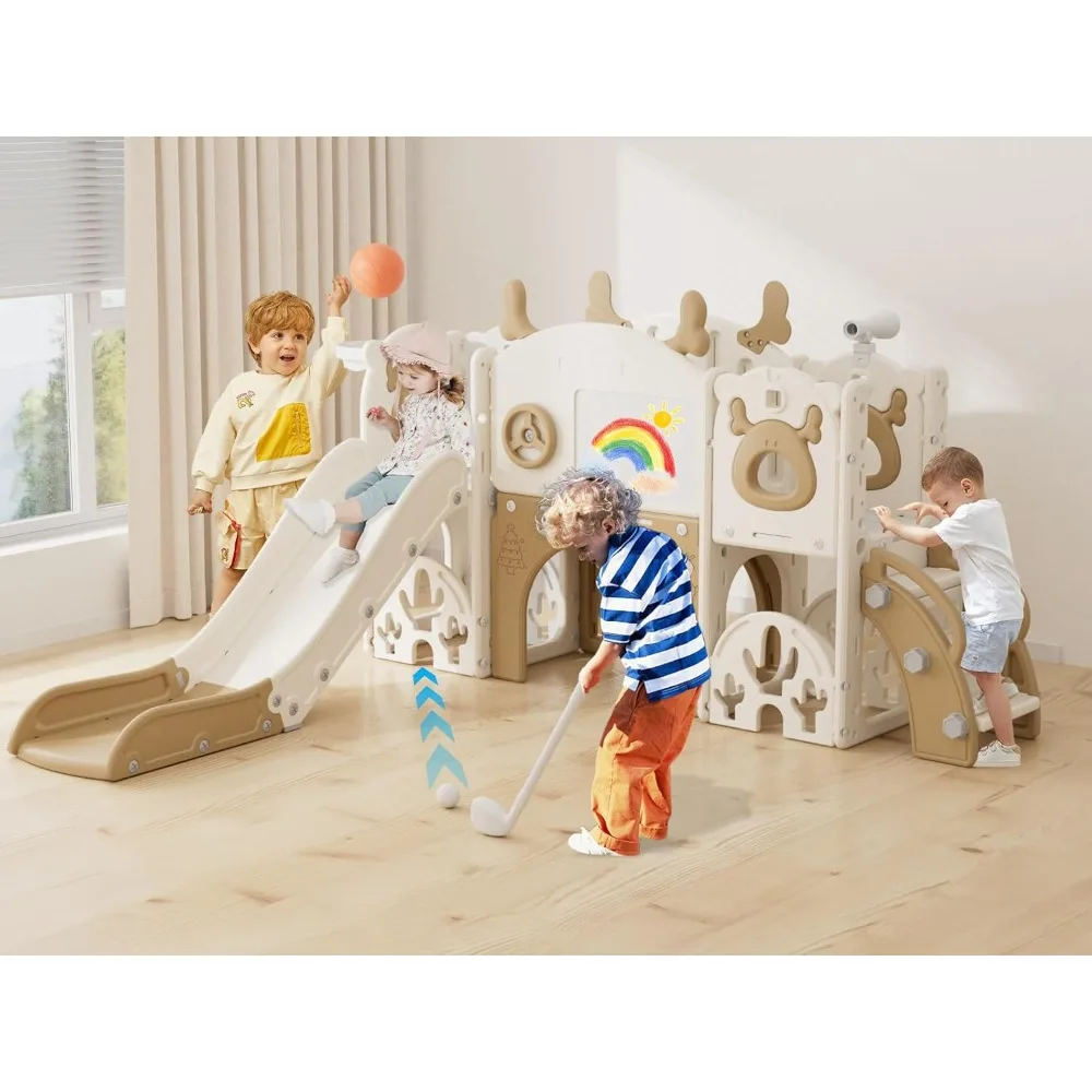 

Детская горка 13 в 1, игровой набор для малышей с гольфом, доской для рисования, альпинистом, баскетбольным кольцом и местом для хранения