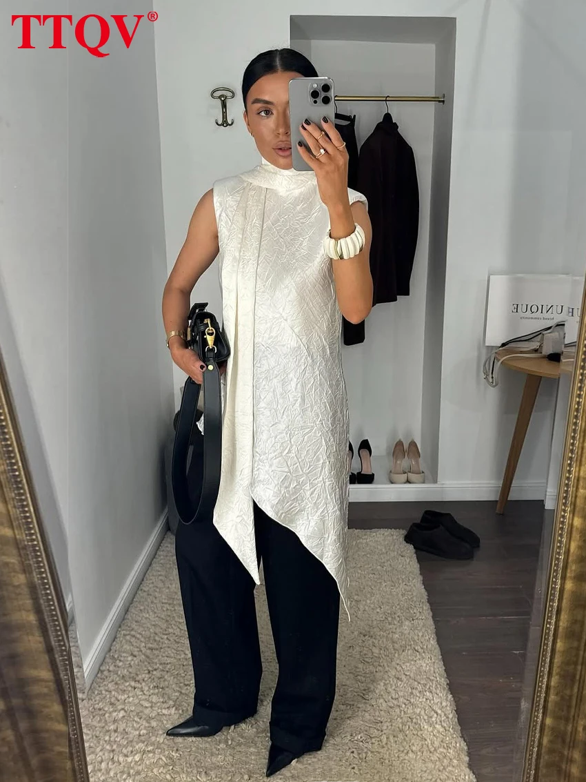 

TTQV Sexy Loose Beige Women's Top 2026 Summer Bow Collar Sleeveless Tank Top Lady Elegant Classic Lace-Up Tops Female Clothing