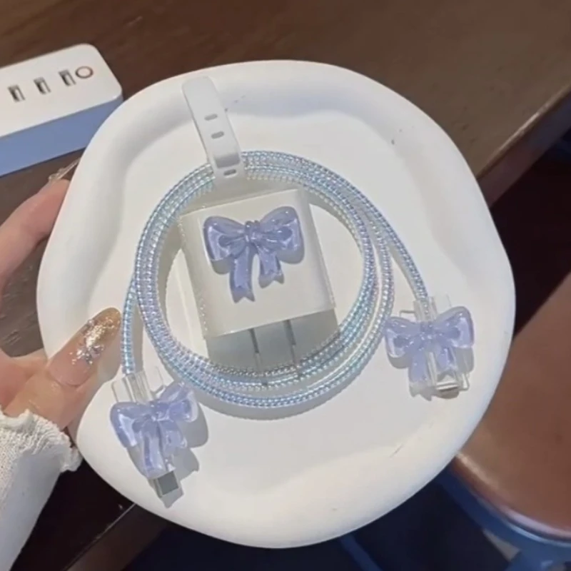 Shiny Blue Glitter Bow Charger Sleeve, 18W 20W Fast Charging Head Case, Cable Spiral Cord Protector for iPhone Charger
