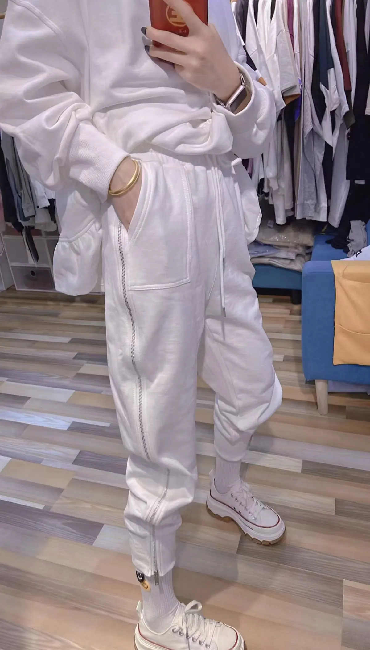 Pantalones de chándal blancos con cremallera para mujer, ropa de calle holgada de paracaídas, Y2K, de cintura alta con cordón, talla grande, 150KG