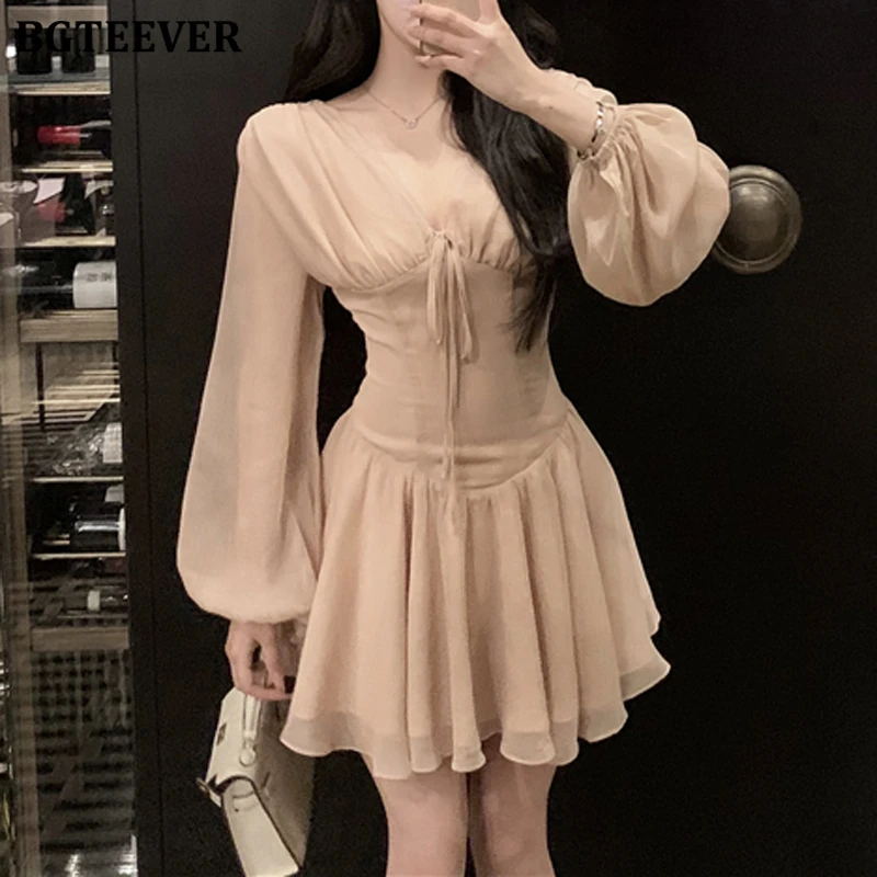 

BGTEEVER Vintage Slim Waist V-neck Lace-up Female Solid A-line Dress Spring Summer Elegant Long Sleeve Women Mini Dress
