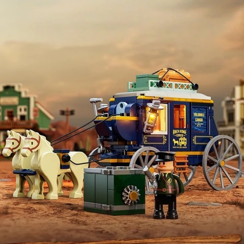 

Western Series Building Blocks Movable Cash Transport Carts Cowboy Models Puzzle Toys Ornaments Collectibles Gifts