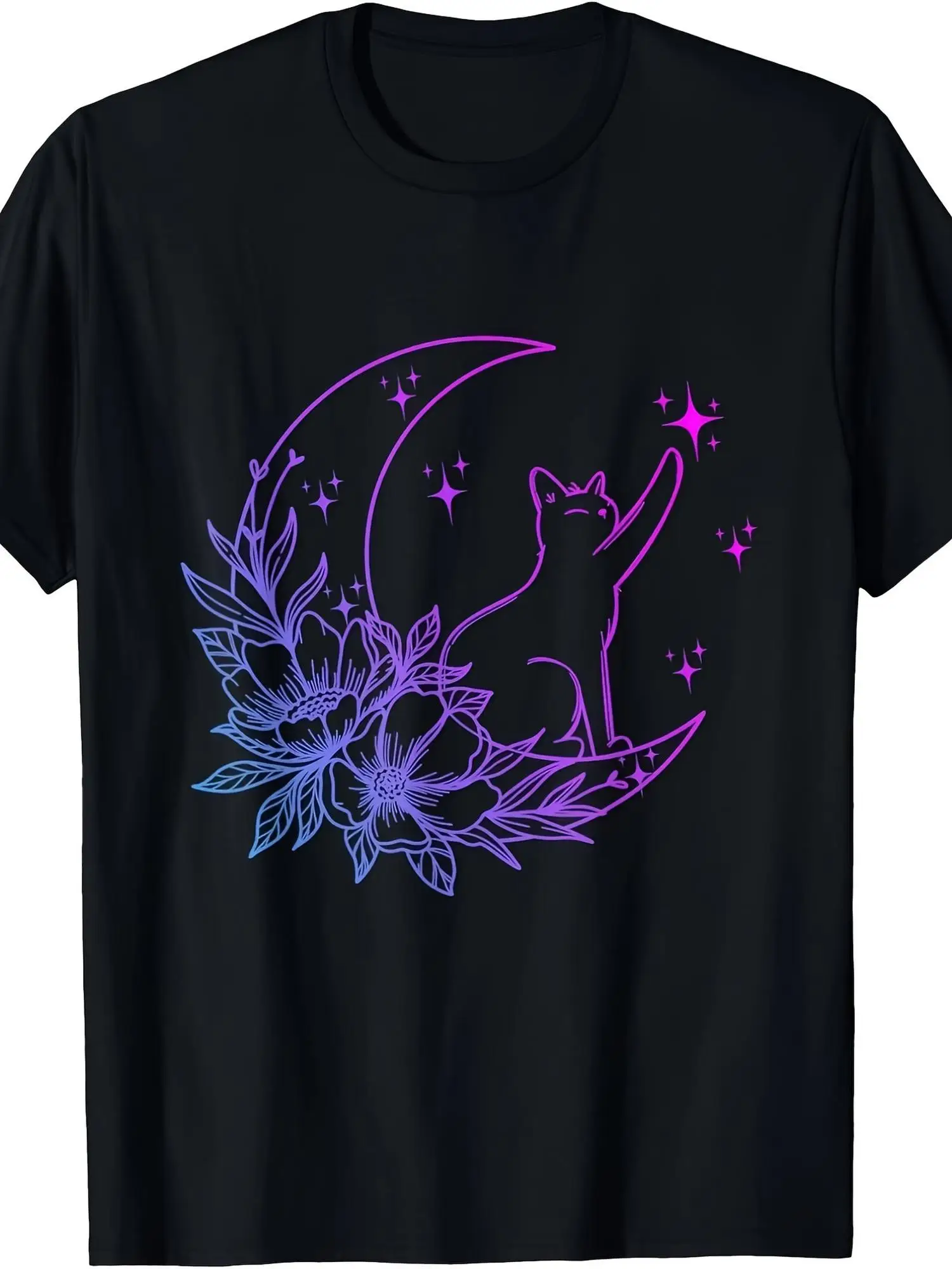 Men's  Heavyweight Glow in the Dark T Shirt Neon Night Sky Retro Tee with Pink  Blue Starry Design, Black Cat  Crescent Moon Graphic, Relaxed Fit Short Sleeve Round Neck Suitable for Parties, Casual Attire, Machine Washa