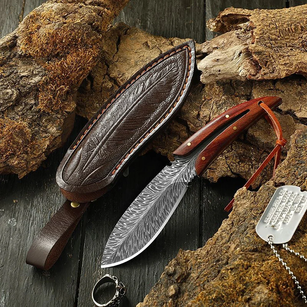 

Outdoor Straight Knife, Stainless Steel Blade, Wooden Handle with Knife Cover, Travel Camping Tools, Holiday Gifts