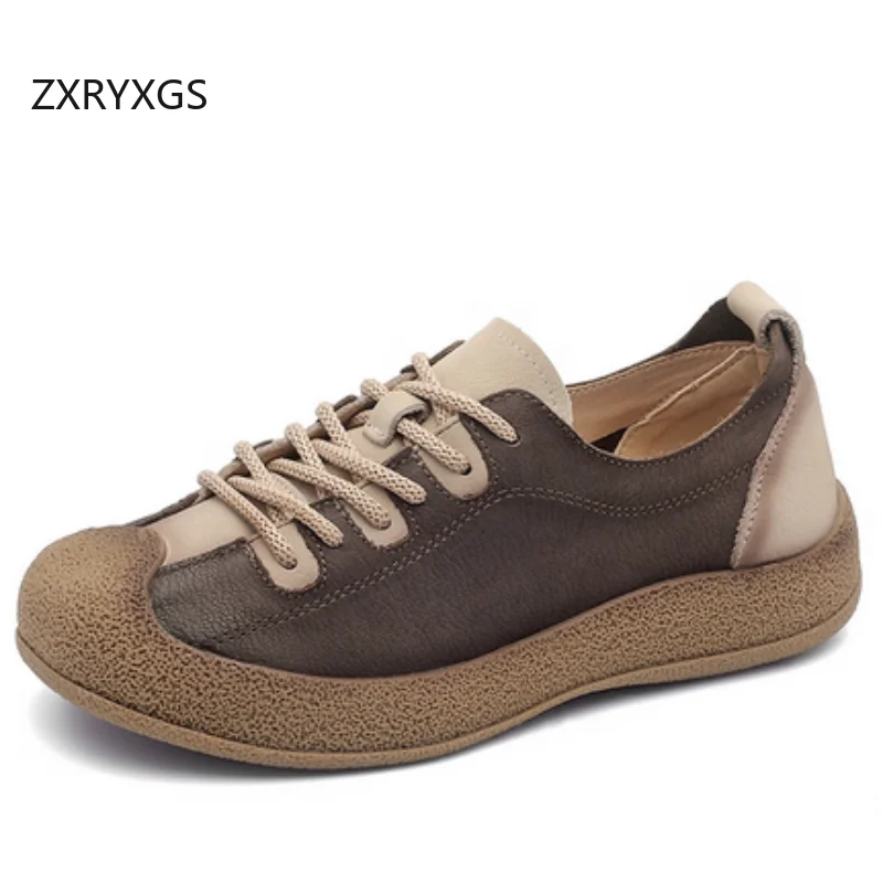 ZXRYXGS 2025 Top Cowhide Lace-up Mixed Color Full Genuine Leather Shoes Fashion Casual Sneakers Flat Soft Women's Travel Shoes