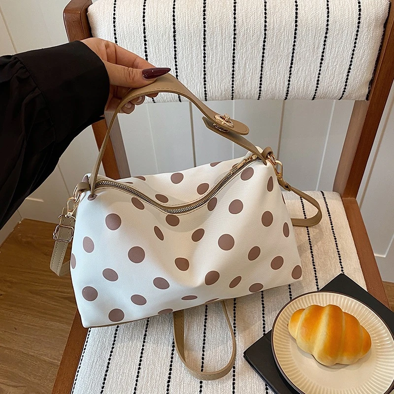 Koreanische Umhängetasche mit Polka Dots, leichte Damen-Umhängetasche, vielseitige, lässige Colorblock-Handtasche für den Arbeitsweg, Reißverschluss – Detail 16