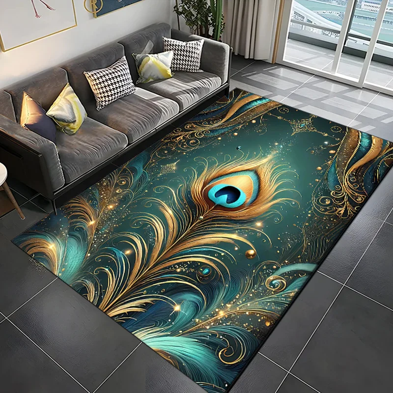 

Фланелевый ковер с принтом павлиньих перьев, золотисто-синий дизайн, мягкий флисовый напольный коврик, ковер для гостиной, роскошный декор, художественные ковры