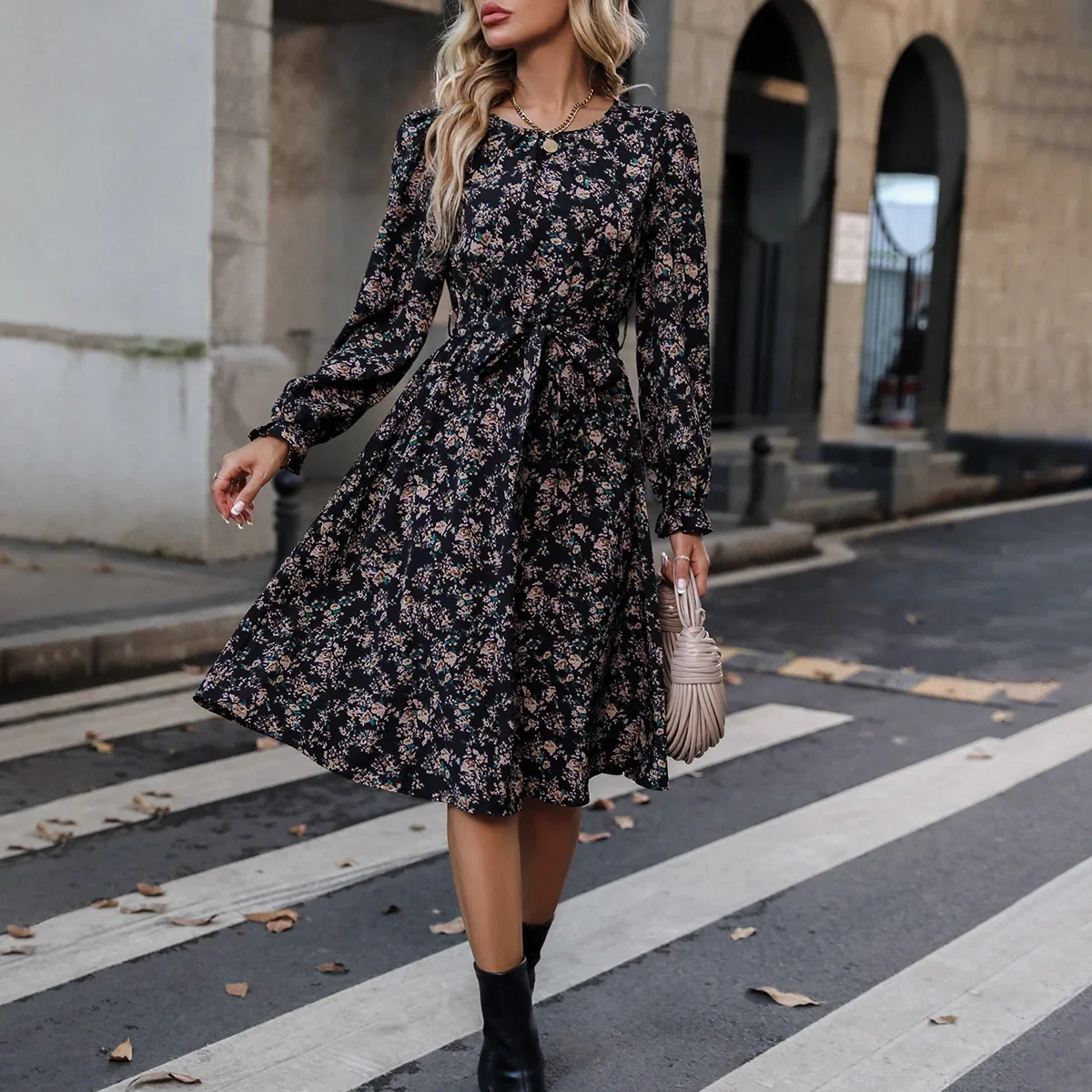 

Print Dress Long Sleeve Women High Waist Collar Printed Floral Casual Round Neck Elegant Vestidos Slim Mid Dresses Office Lady