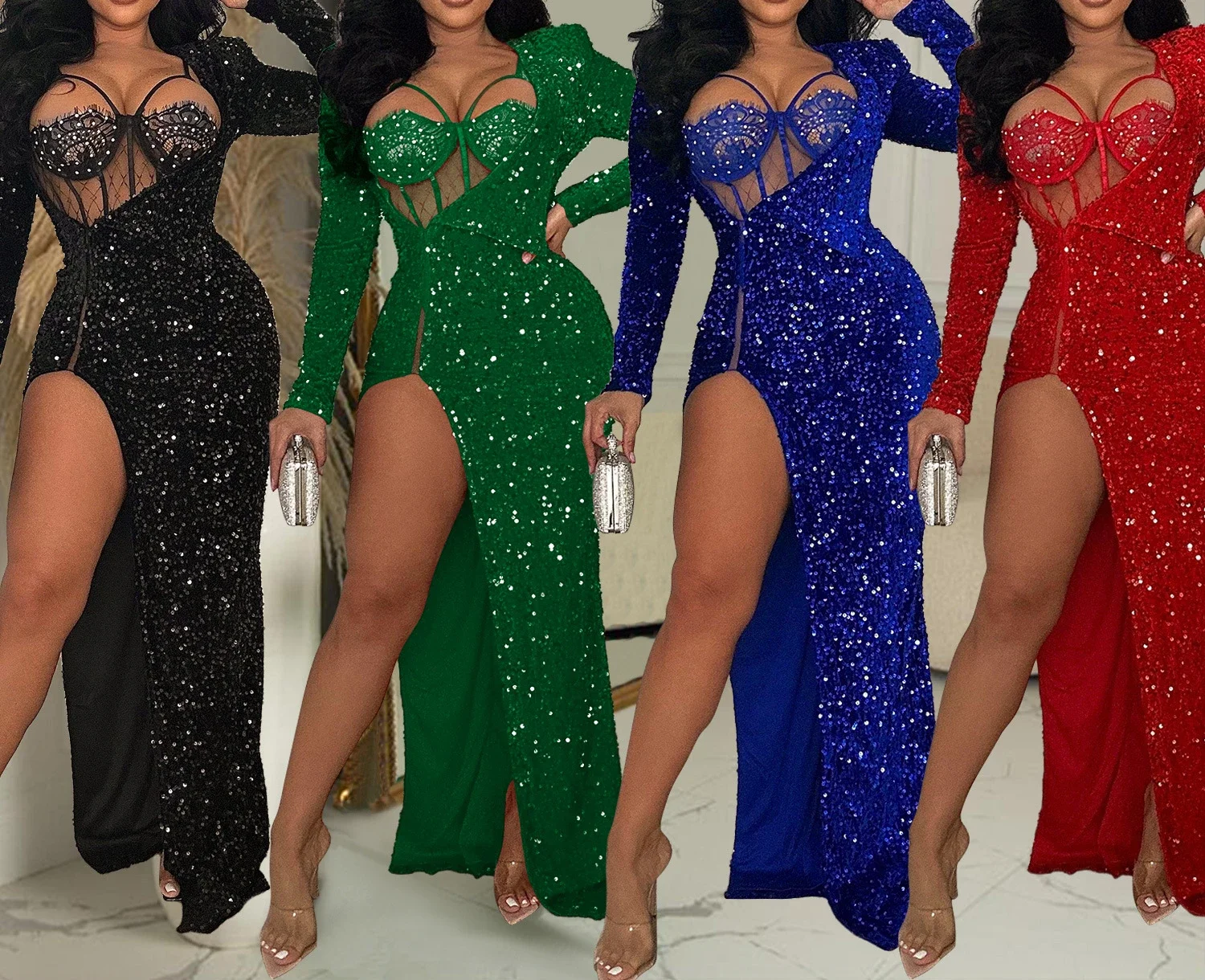 Luxury Dresses Women 2024 Sequin Elegant Party Dresses Woman Long Slit Dress Sexy Cocktail Prom Formal Evening Dresses HXY518