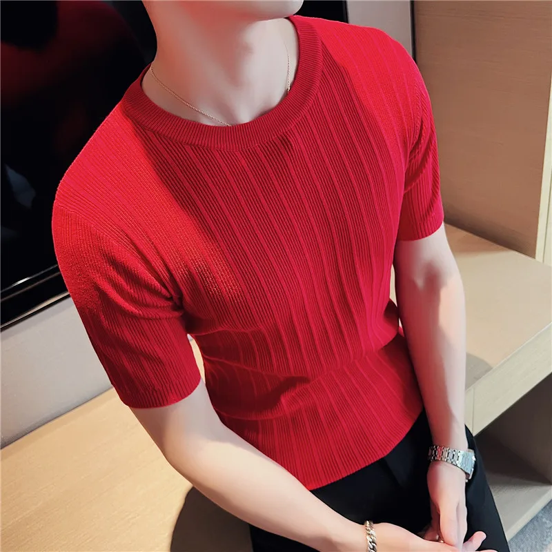 2022 Brand Clothing Men's Summer Leisure Short Sleeve T-Shirt/Male Slim Fit O-Neck Stripe Knitted T-Shirt Plus Size S-4XL