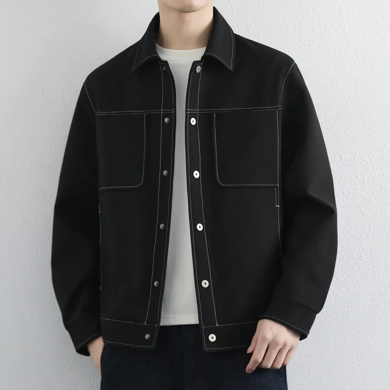 Men's Lapel Collar Button‑Up Jacket Long‑Sleeve Loose Fit Casual Outerwear Contrast Stitching Fashion Daily Coat with BigPockets