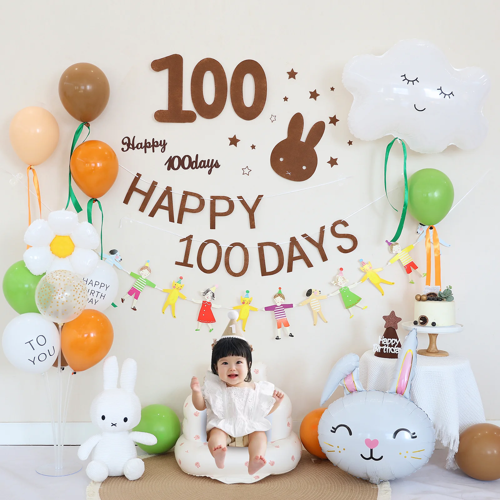 Baby Shower Happy 100days Balloon Set Boy Girl Party 30days Rabbit Balloon Backdrops Decoration Leaves Rattan Brown Flag Kit