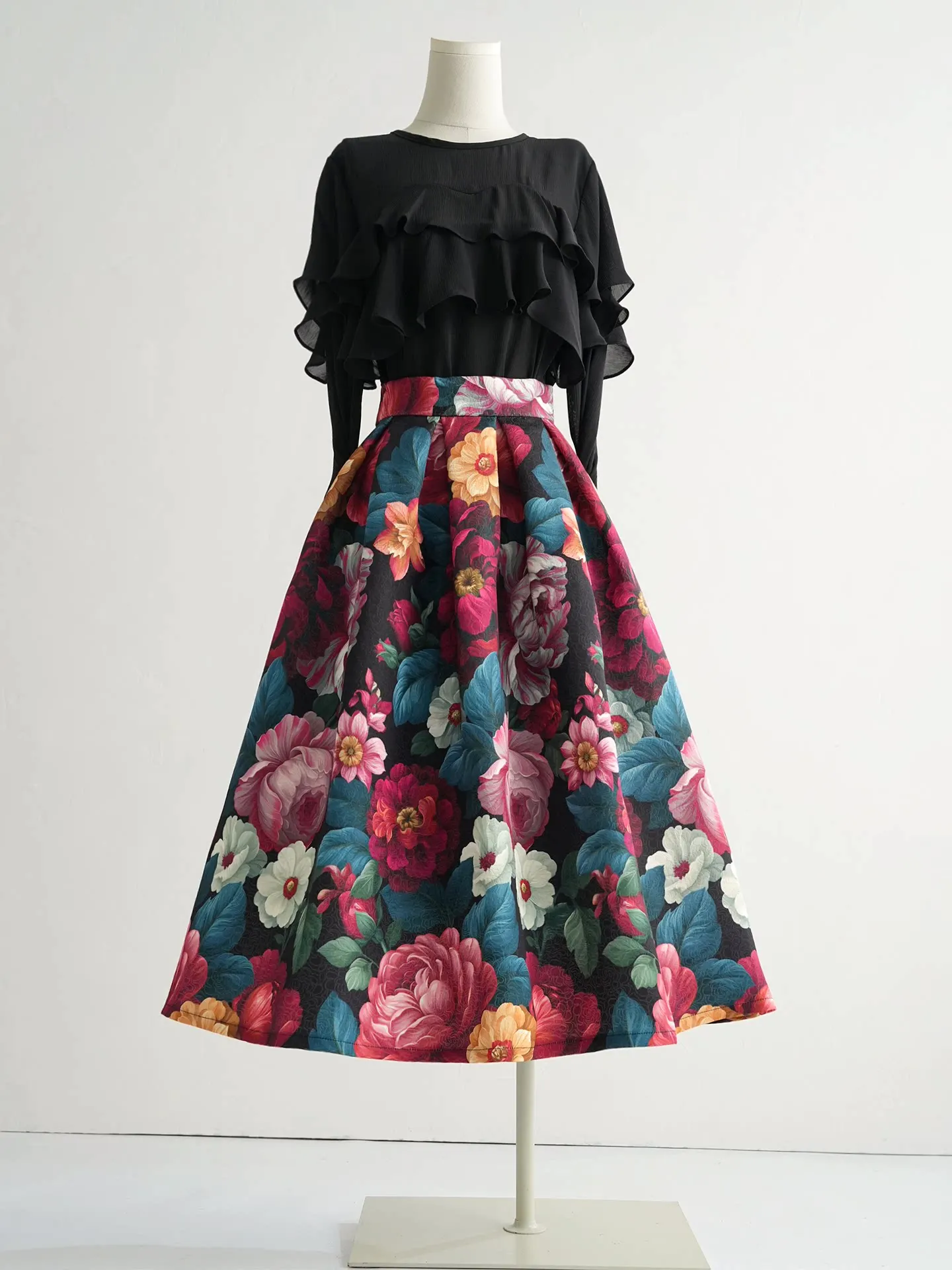 New Spring Autumn Vintage Flower Printed High Waist Puffy Skirt All-match High Waist Elegant A-line Big Bottom Umbrella Skirts