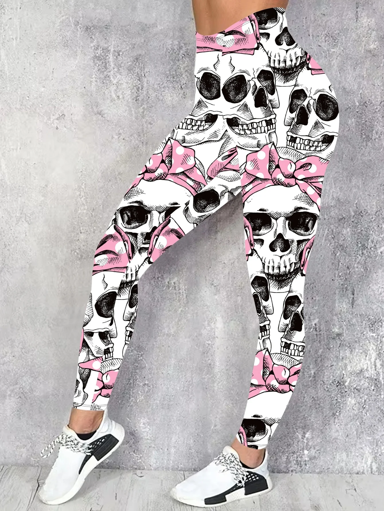 Yoga Pants, Women's High‑Waist Skull With Pink Polka‑Dot Bow Print Stretch Leggings, Buttery‑Soft Full‑Length Gym Workout Casual Active Pants